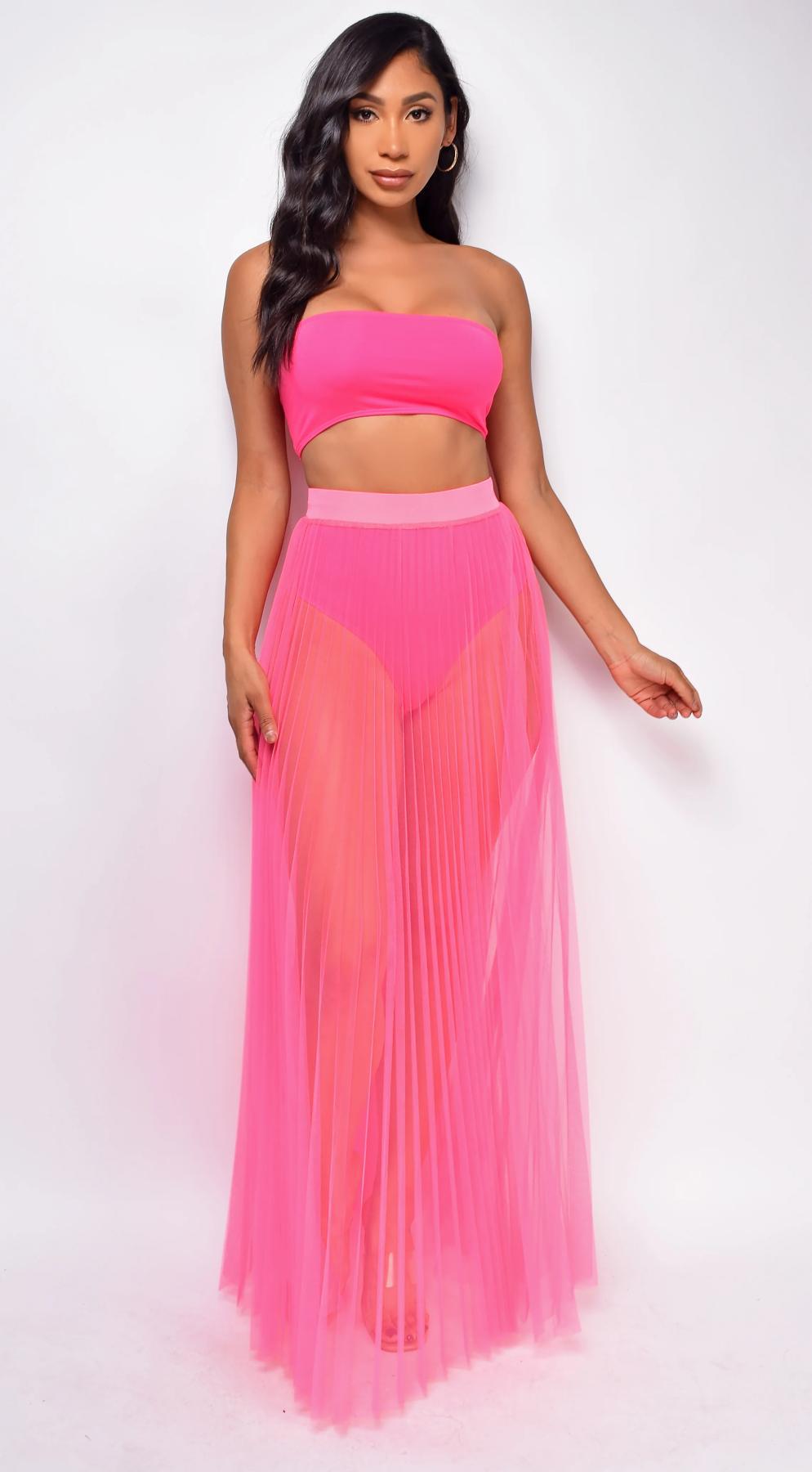 Sexy Mesh Pleating Long Skirt Wrapped Chest Pad Removable Swimsuit Fabric Three Piece Sets