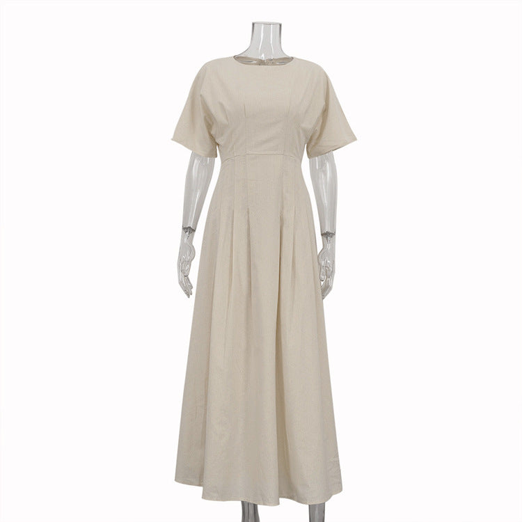 Women Clothing Simple Casual A line Dress Cotton round Neck Short Sleeve Waist Controlled Dress