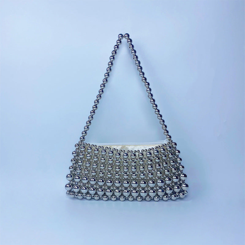 Vintage Pearl Chain Hand Woven Beads Underarm Special Interest Design Simple Portable Shopping Small Handbags