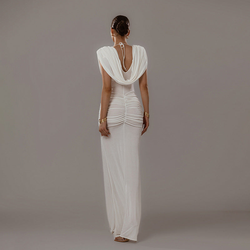Women Clothing Elegant Fitted Waist Pleated Design Swing Collar Solid Color Dress