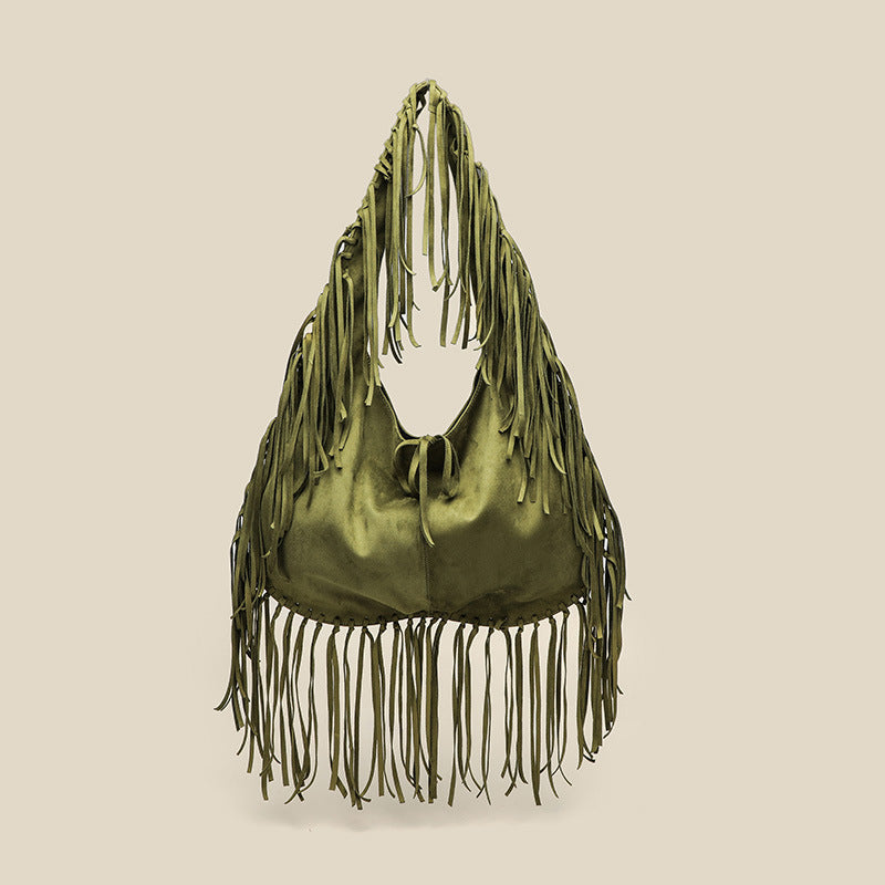 Tassel Large Capacity Tote Crescent Trendy One Shoulder Women Bag Casual Simple Crossbody Suede Retro Dumpling Bag