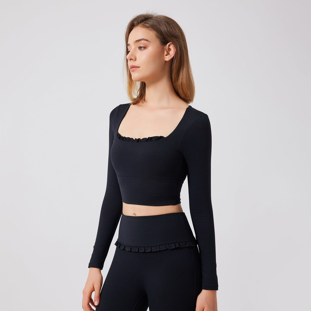 Autumn Winter Nude Feel Lace Yoga Clothes Long Sleeve Semi Fixed Cup Running Slim Sports Bra Breathable Workout Clothes Top