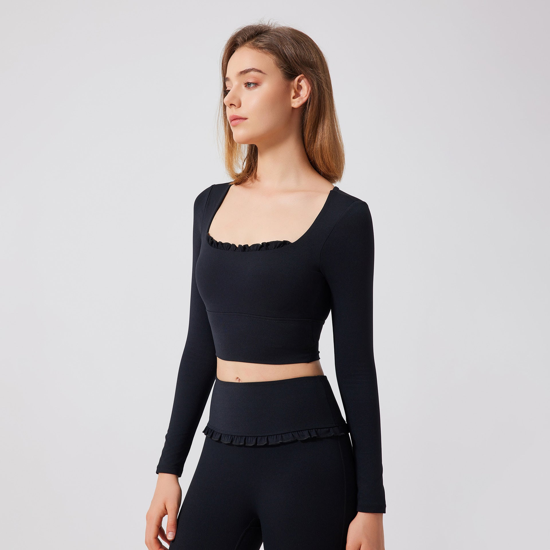 Autumn Winter Nude Feel Lace Yoga Clothes Long Sleeve Semi Fixed Cup Running Slim Sports Bra Breathable Workout Clothes Top