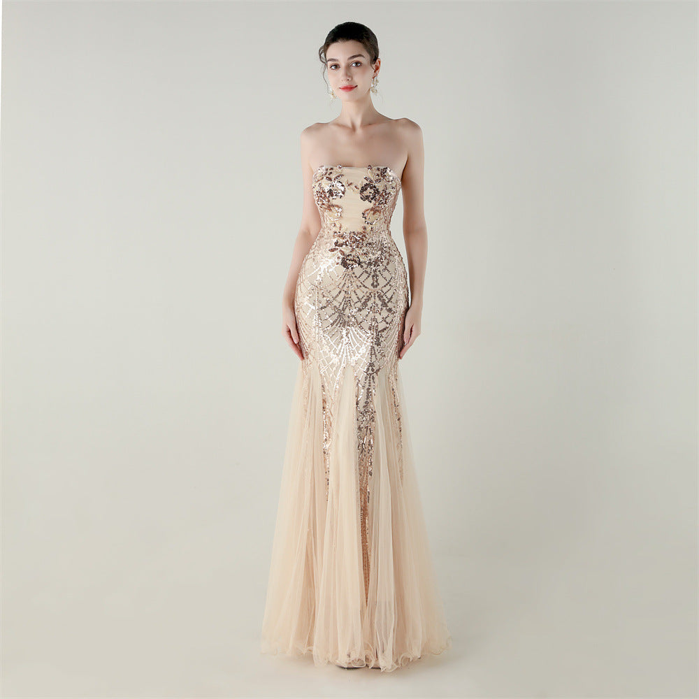 Tube Top Cross Strap Beaded Tube Floral Sequin Mesh Evening Dress Cocktail Wedding Social Elegant Clothing