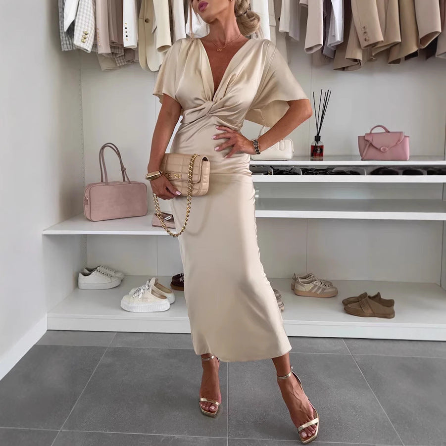 Spring Summer Satin Twisted Chest Batwing Sleeve Dress Loose Vacation Dress Women