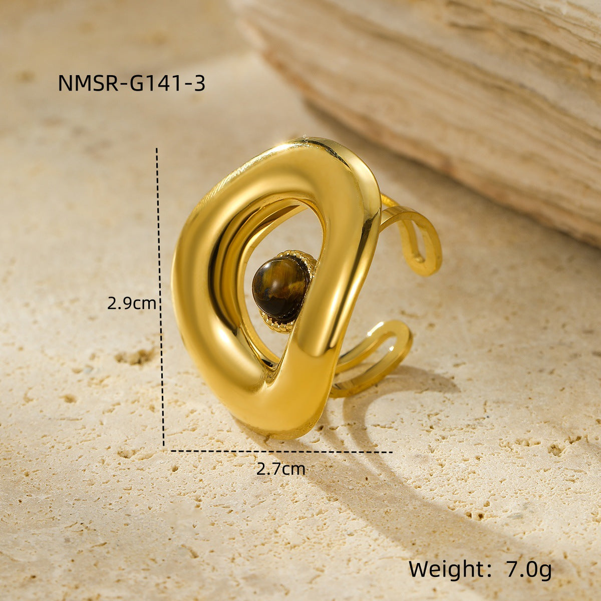 Titanium Steel 18K Gold Plating Geometric Abstract Inlaid Natural Stone Stainless Steel Ring