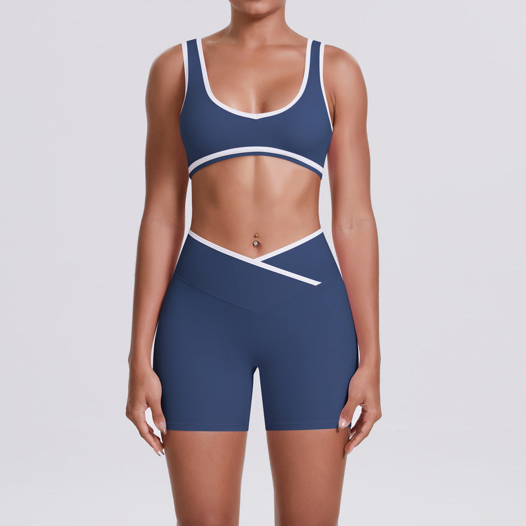 Nude Feel Contrast Color Sports Bra Skinny Yoga Pants Cross High Waist Bodybuilding Shorts Yoga Women