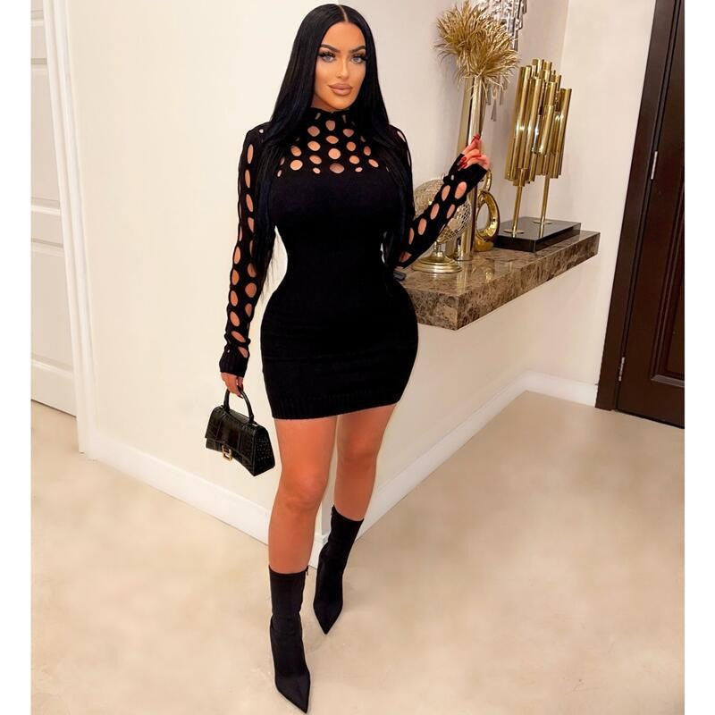 Women Clothing Sexy Knitted Dress Hollow Out Cutout Long Sleeve Tight Woolen Dress