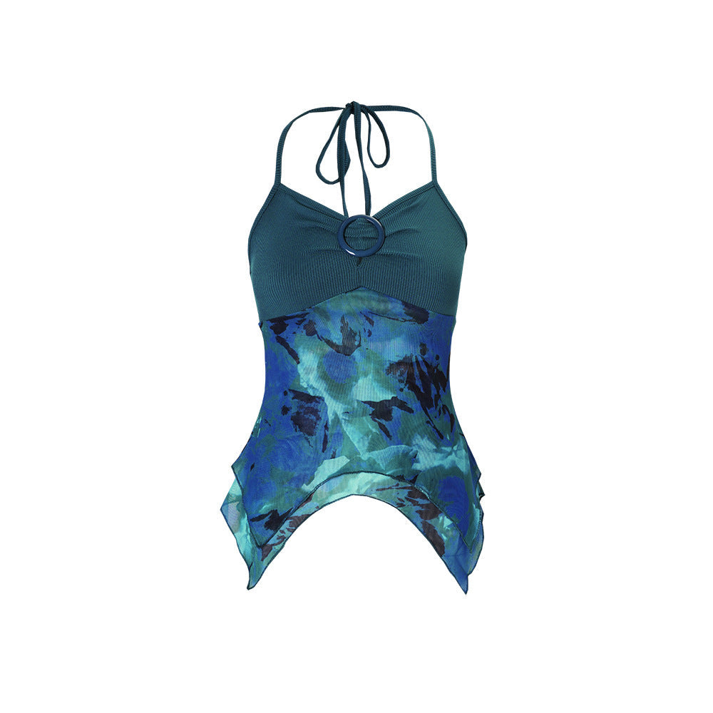 Women Popular Stitching Printing Sling V neck Retro Irregular Asymmetric Slim Fit Halterneck Vest
