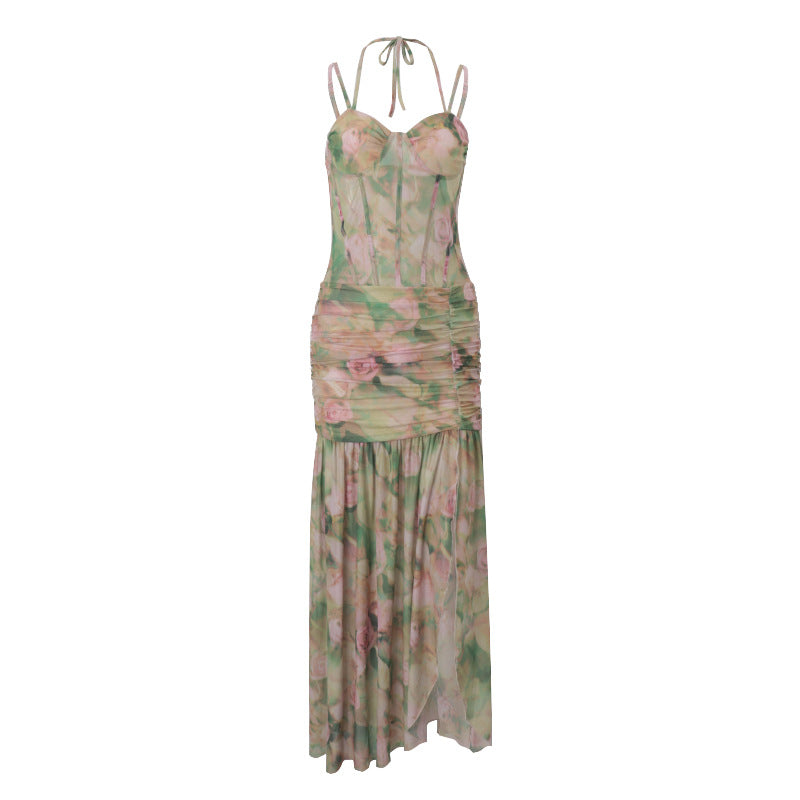 Women Clothing Summer Sexy Spaghetti Strap Floral Print Vacation Beach High Waist Slimming Slit Dress Women