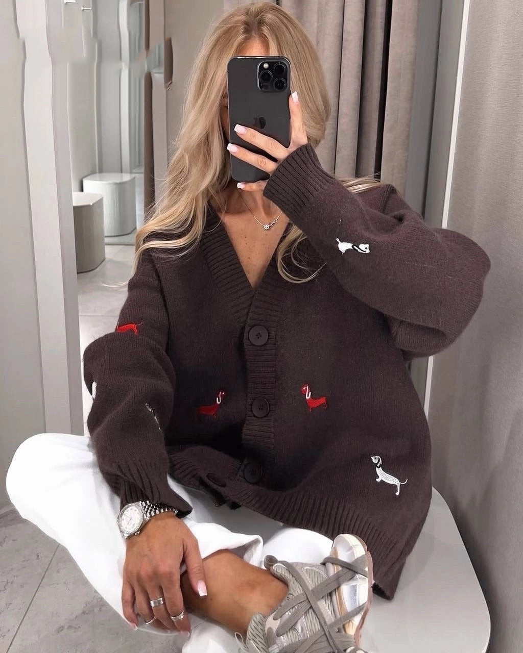 Autumn Winter Sweater Coat Women Long Sleeved Single Breasted Puppy Embroidery Loose Casual Knitted Cardigan