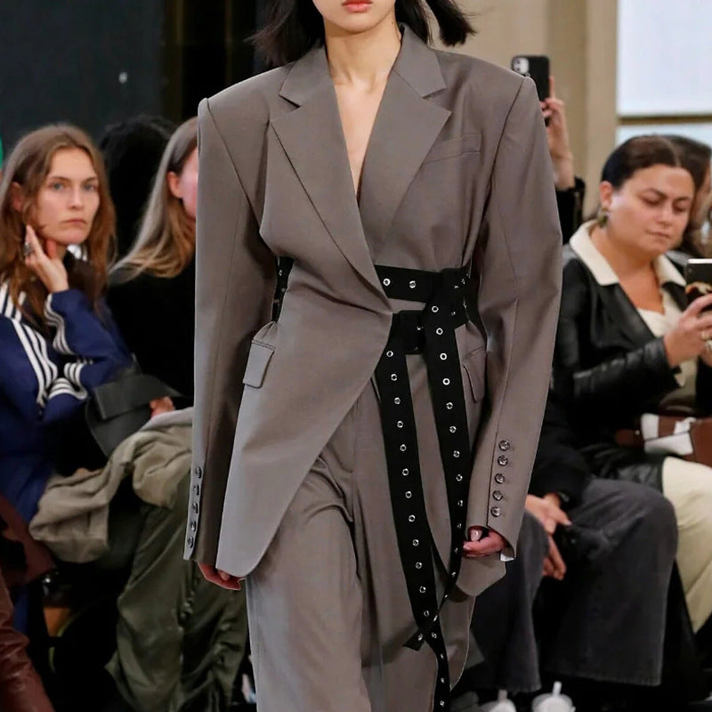 Autumn Winter Double Belt Deconstruction Blazer Tops Women