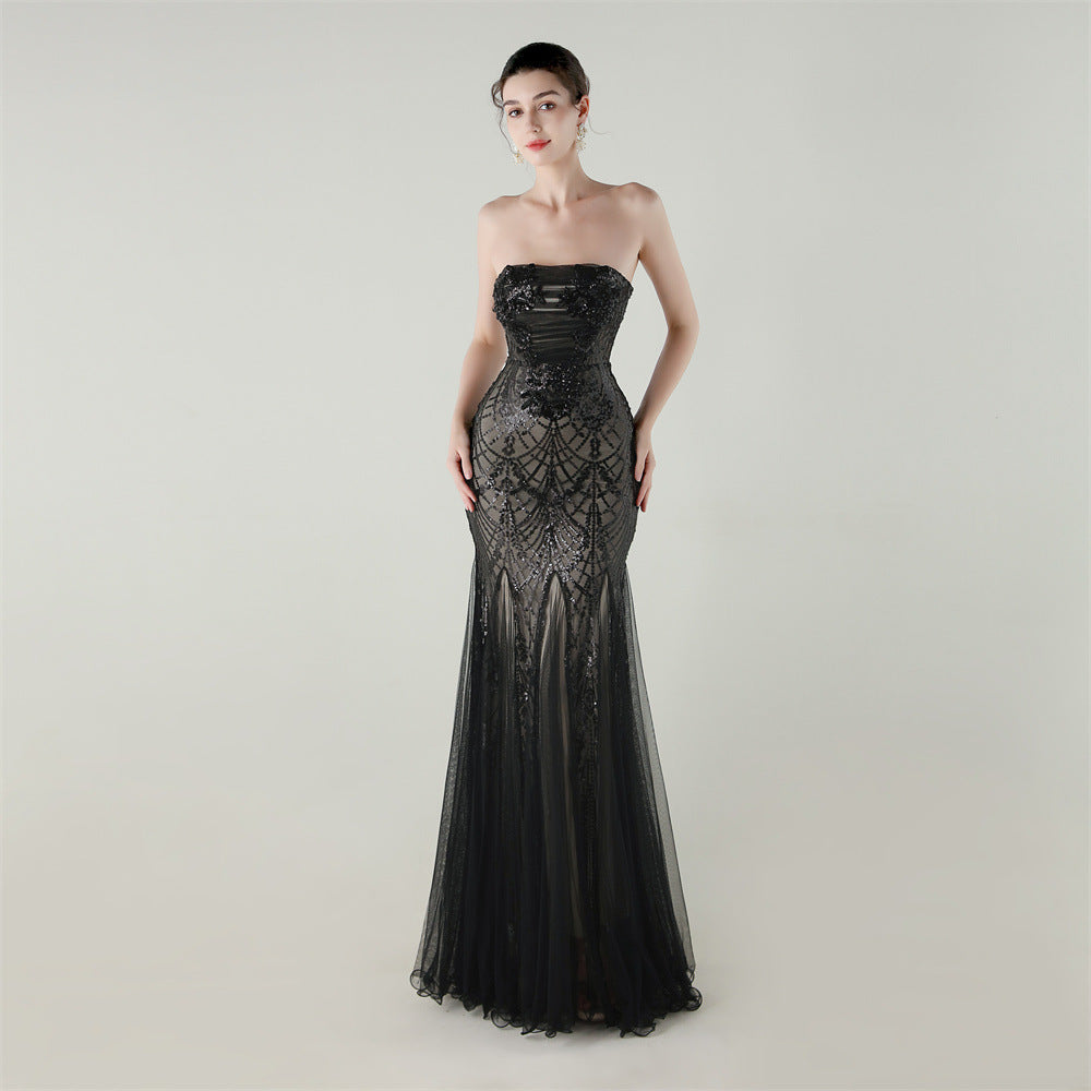 Tube Top Cross Strap Beaded Tube Floral Sequin Mesh Evening Dress Cocktail Wedding Social Elegant Clothing