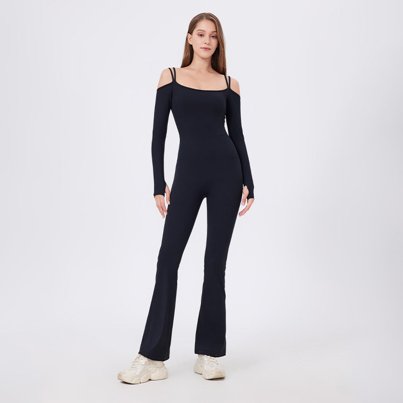 Autumn Winter Tight Nude Feel Yoga Clothes With Chest Pad Long Sleeve Off The Shoulder Sports Fitness Running One Piece Bell Bottom Pants