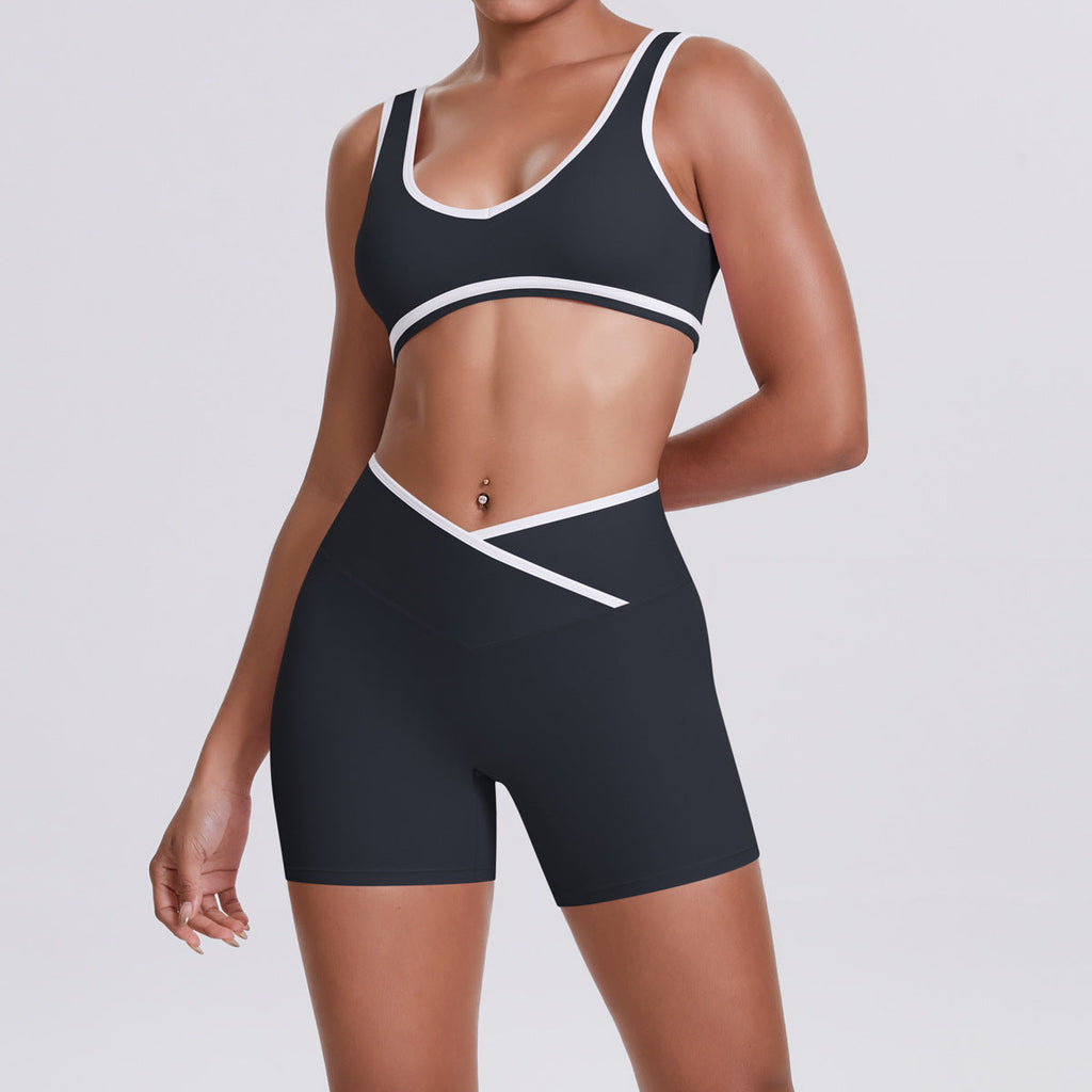 Nude Feel Contrast Color Sports Bra Skinny Yoga Pants Cross High Waist Bodybuilding Shorts Yoga Women