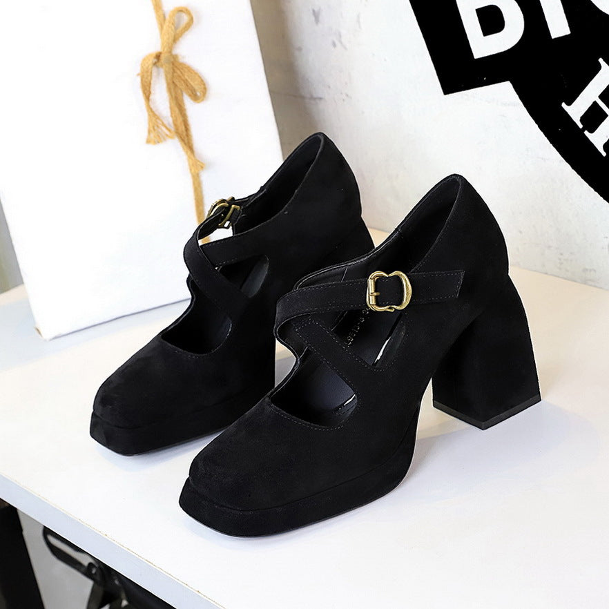 Retro Women Shoes Chunky Heel High Heel Waterproof Platform Low Cut Square Toe Cross Suede Leopard Print Pumps
