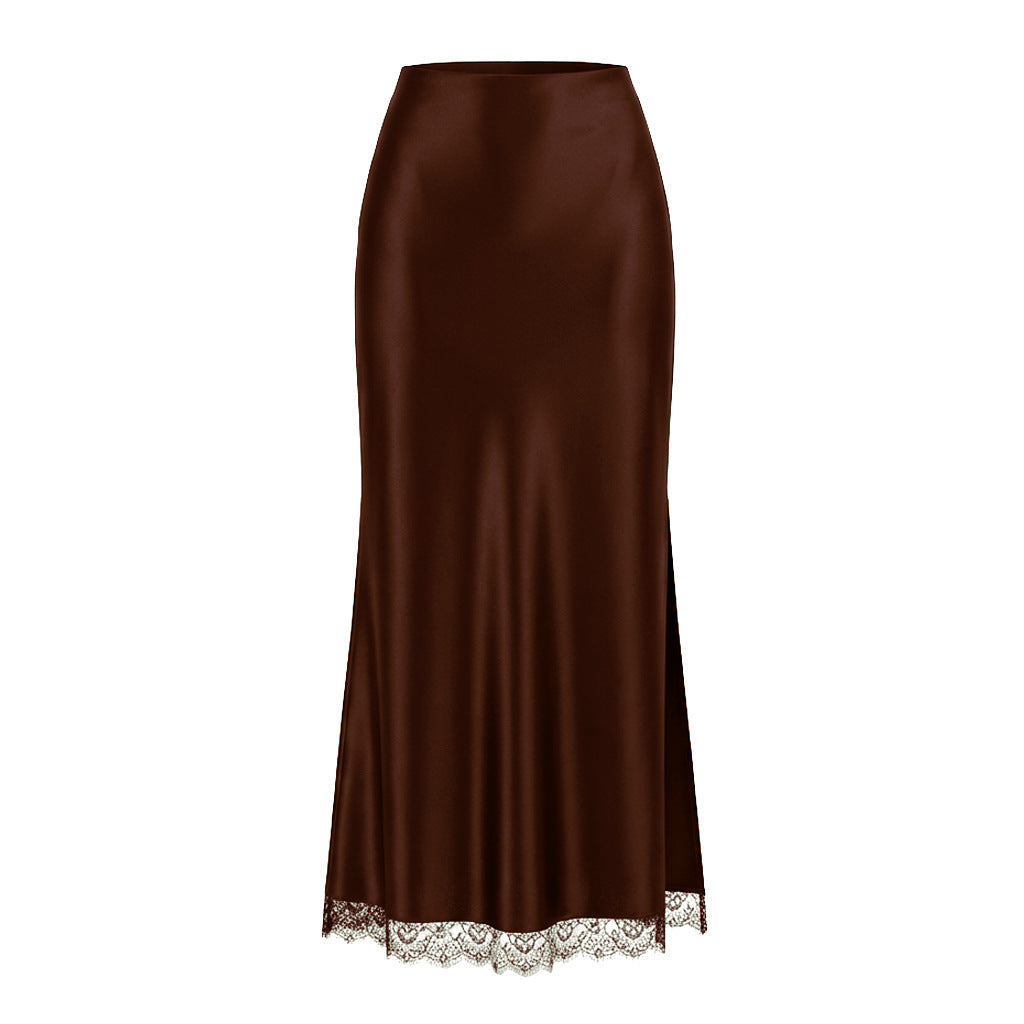 Women Clothing Satin Skirt Lace Split High Waist Elastic Sexy Sheath Skirt