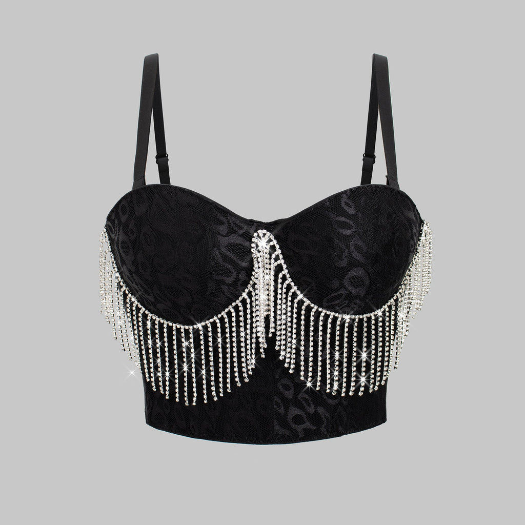 Sexy Belly Dance Costume Diamond Embedded Tassel Suspender Vest Outer Wear Slimming Boning Corset Wrapped Chest