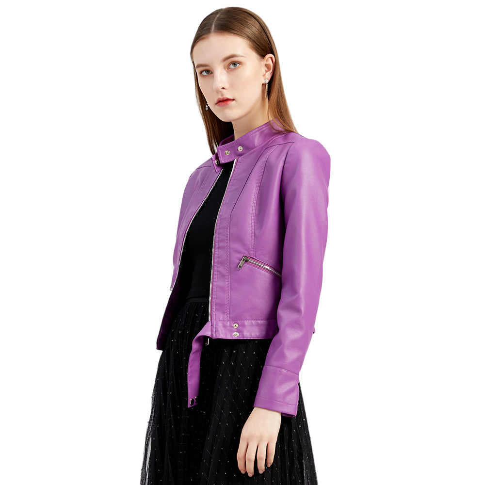 New Leather Coat Women Short Jacket Spring Autumn Stand Collar Lady Leather Jacket Women Clothing Thin Leather Coat
