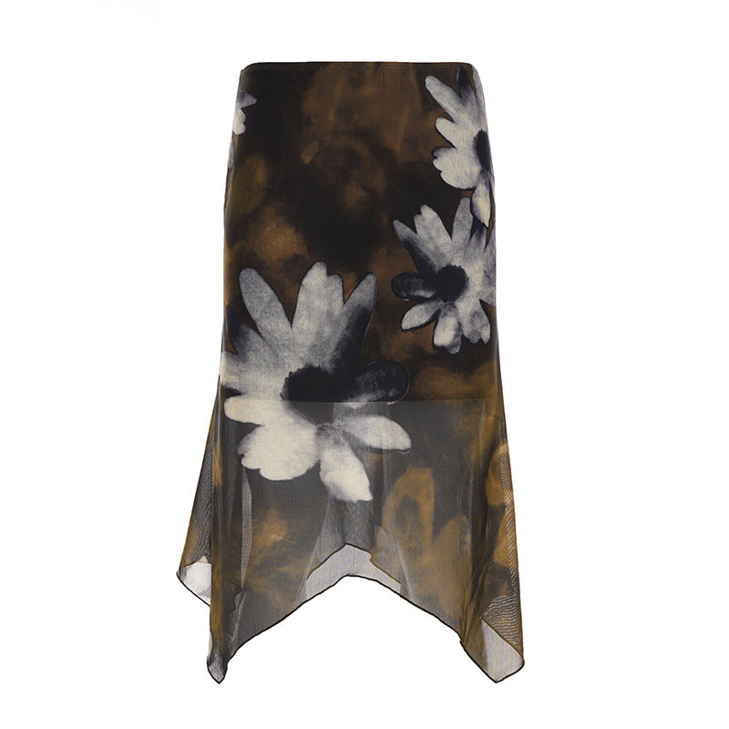 Retro Floral Printed Mesh Stitching Asymmetric Skirt Vacation Slim Slimming Low Waist Skirt Autumn