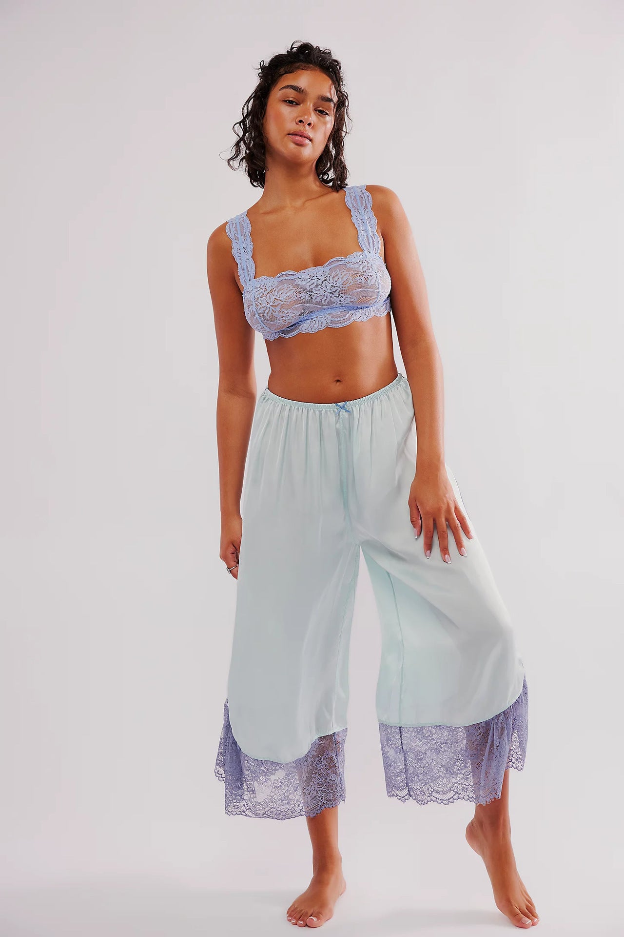 Women Lace Satin Stitching Loose Wide Leg Casual Trousers Office