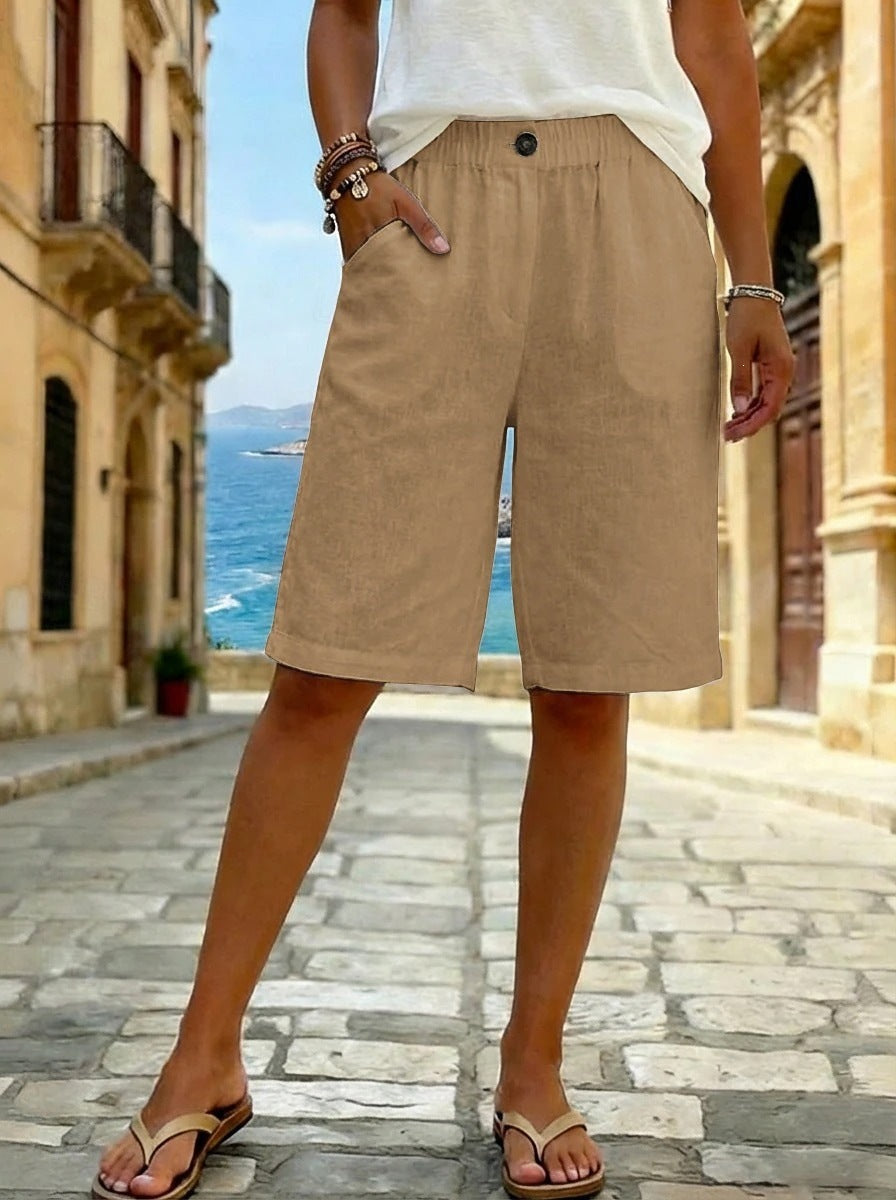 Women Faux Cotton Linen Shorts Summer Casual Everyday Mid Rise Solid Color Shorts