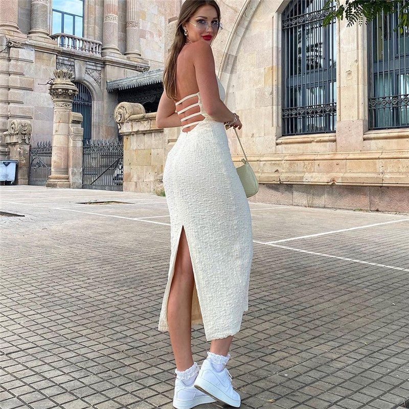 Autumn Sexy Low Cut V Neck Hollow Out Cutout Backless Halter Lace up Mid Length Split Dress Women