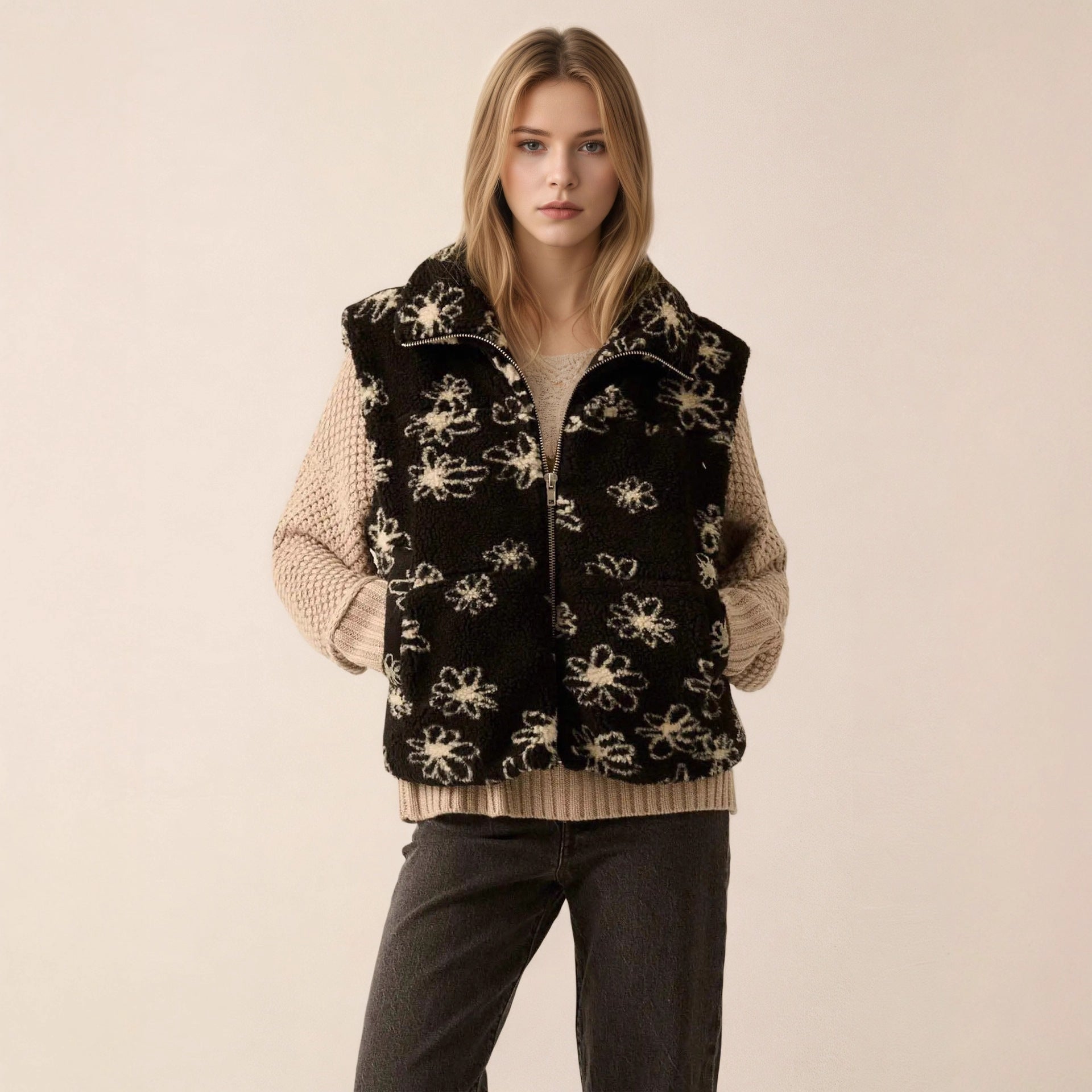 Polo Collar Floral Print Lamb Wool Women Clothing Winter Design Faux Shearling Jacket Sleeveless Coat