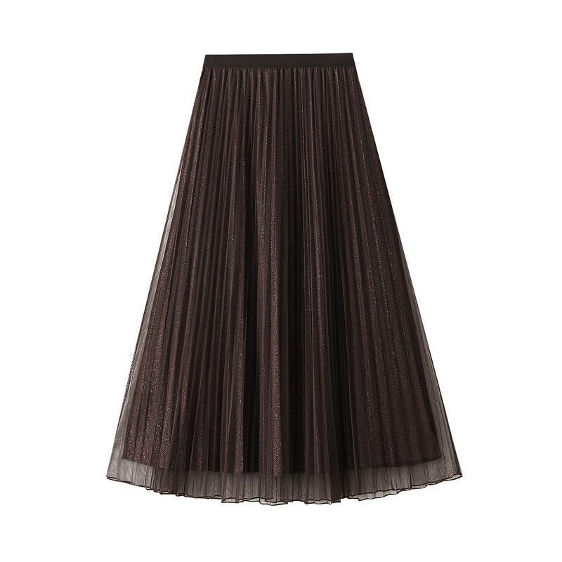 Women Autumn Mid Length Elastic Waist Mesh Skirt Reverse High Waist Slimming Pleated Skirt