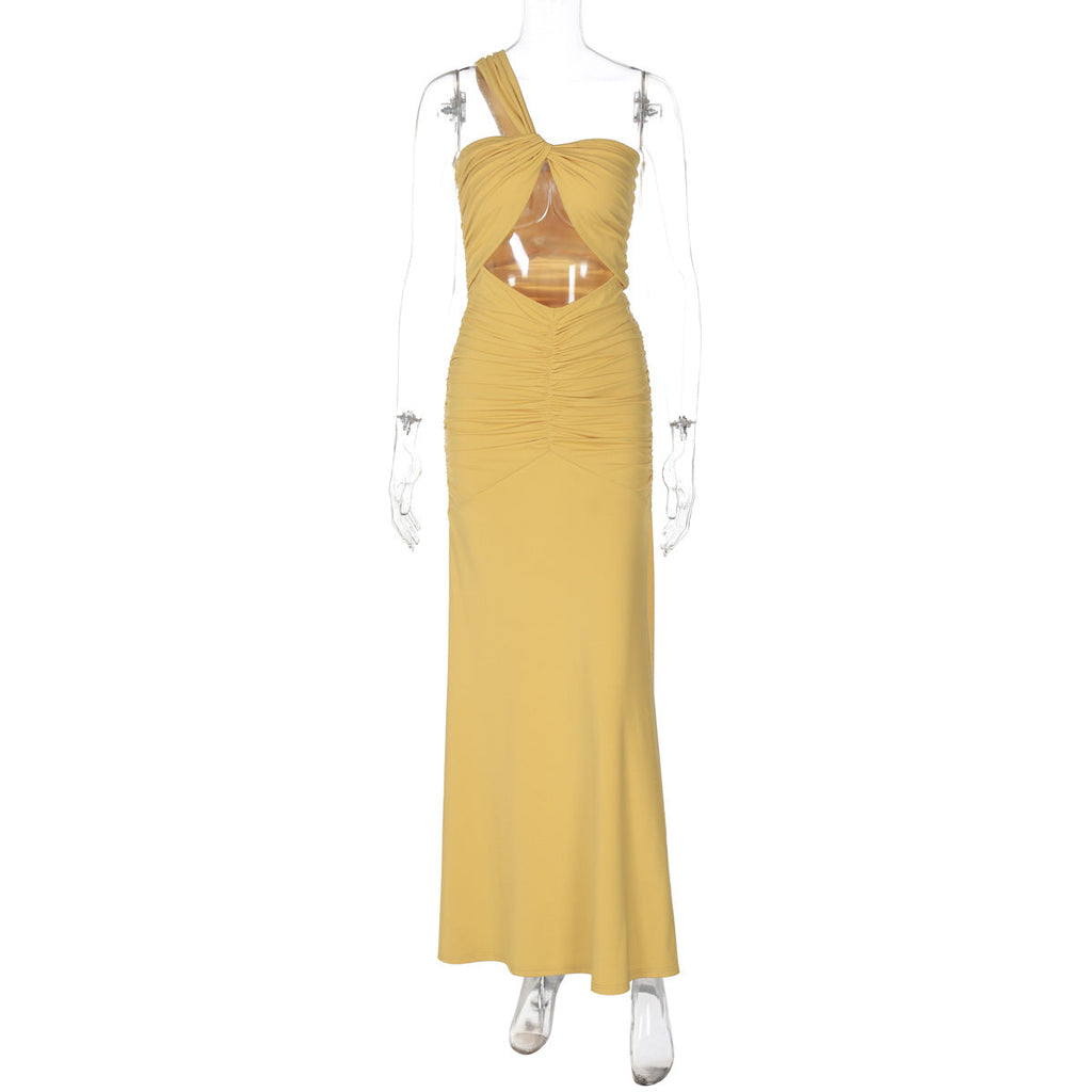 Summer Women Clothing Solid Color One Shoulder Sexy Cutout Pleated Slim Fit Dress