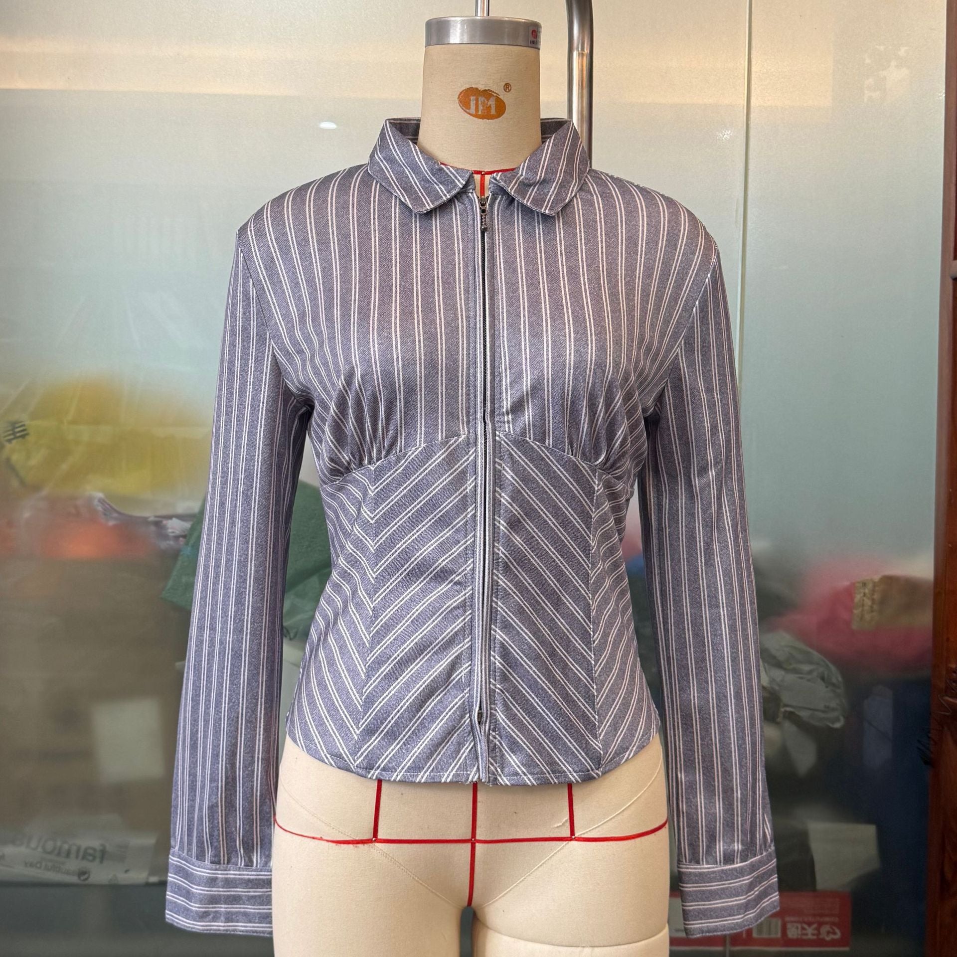 Women Clothing Spring Advanced Striped Long Sleeve Cardigan Shirt
