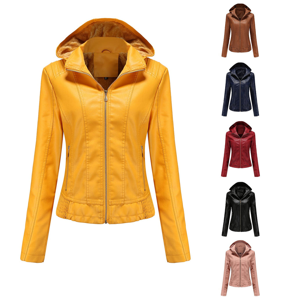 Fall Winter Hooded Leather Coat Women's Detachable Hat Long Sleeve Zipper Fleece-Lined Leather Jacket Slim Coat
