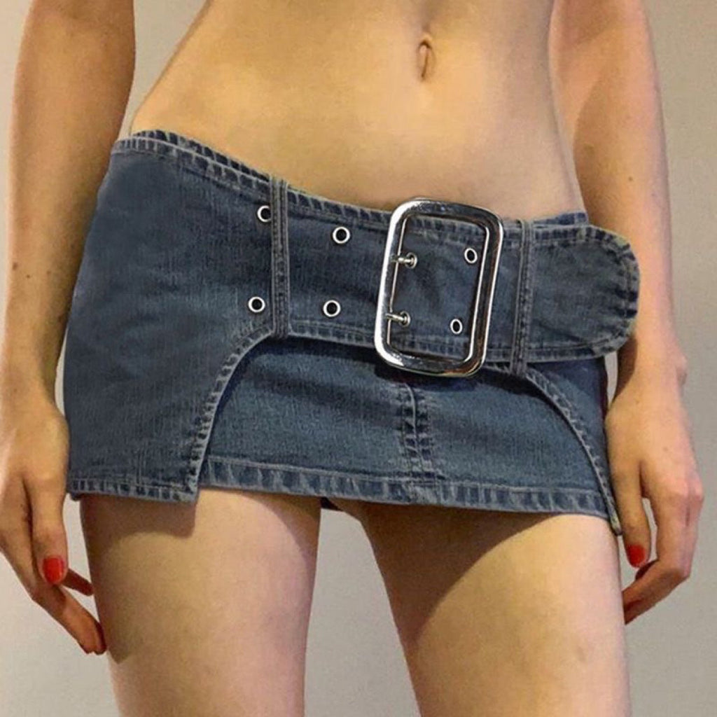 Sexy Personalized Design Faux Two Layer Ultra Short Denim Skirt Distressed Waist Large Breasted Hip Lift Skirt