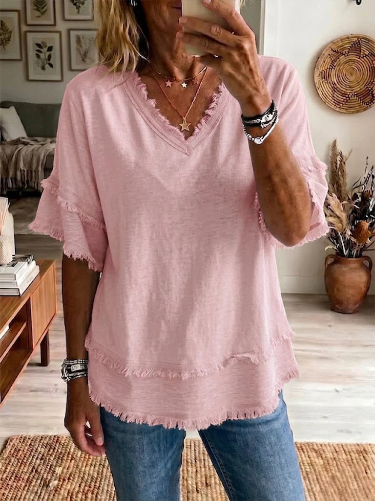 V neck Pullover Short Sleeve Loose Women Shirt Casual Women Tops