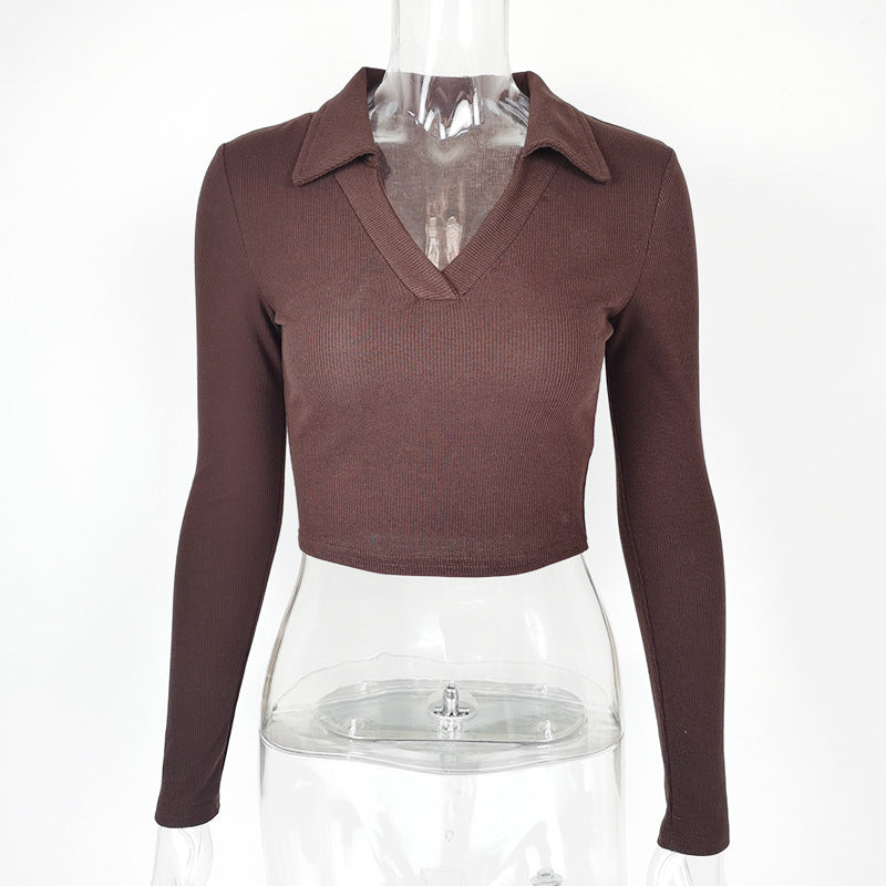 Retro Sexy Polo Collar Deep V Plunge Top Fall Women Clothing Crop Top Tight Fitting Thread Knitted Long Sleeve T shirt