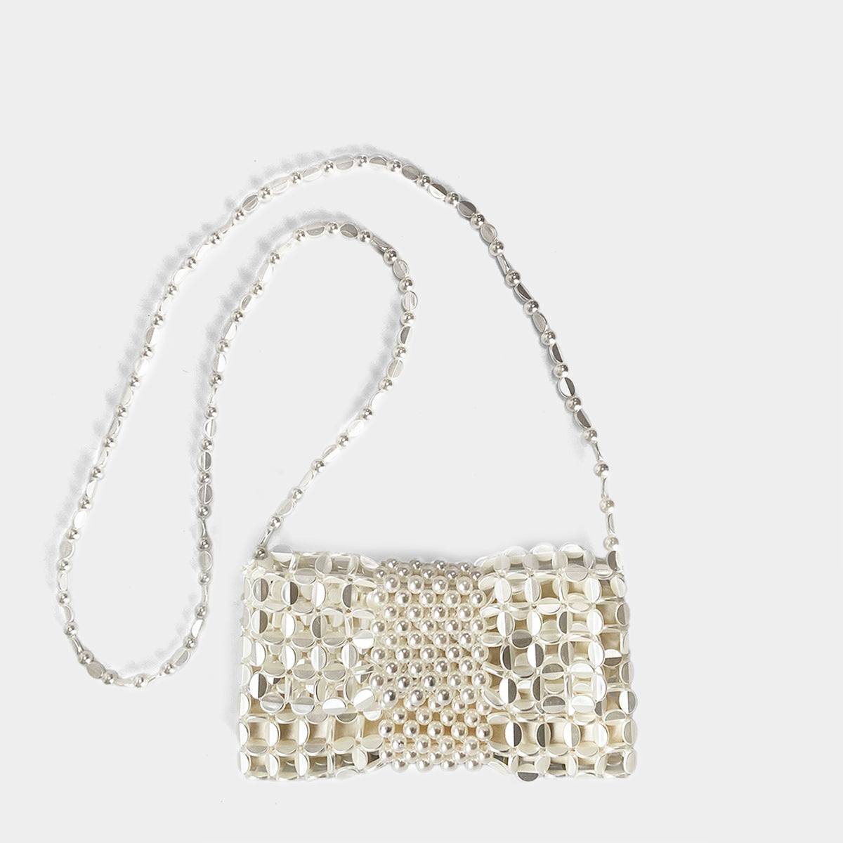 Special Interest Design Silver Woven Chain Mobile Phone Coin Purse Crossbody Women Handmade Beaded Weave Crossbody Bag