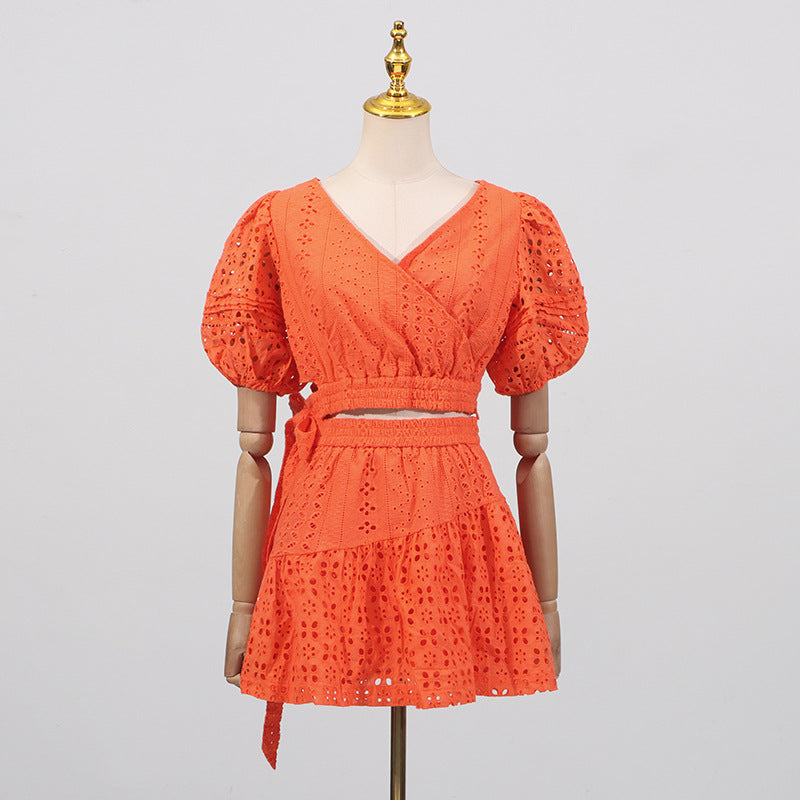 Women Elegant Short round Neck Puff Sleeve Waist Baring Dress