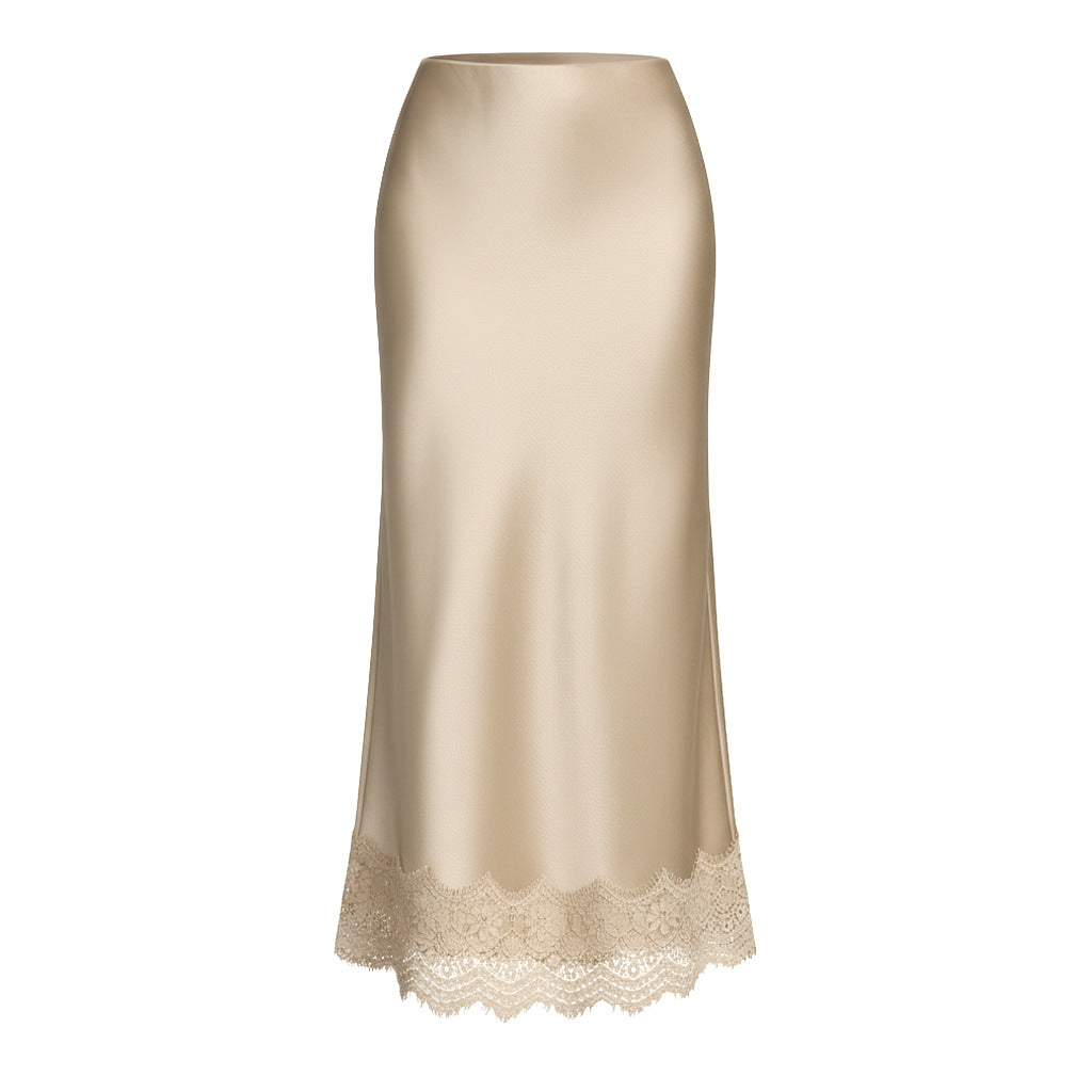 Women Clothing Lace Satin Skirt High Waist Elastic Elegant Sheath Skirt