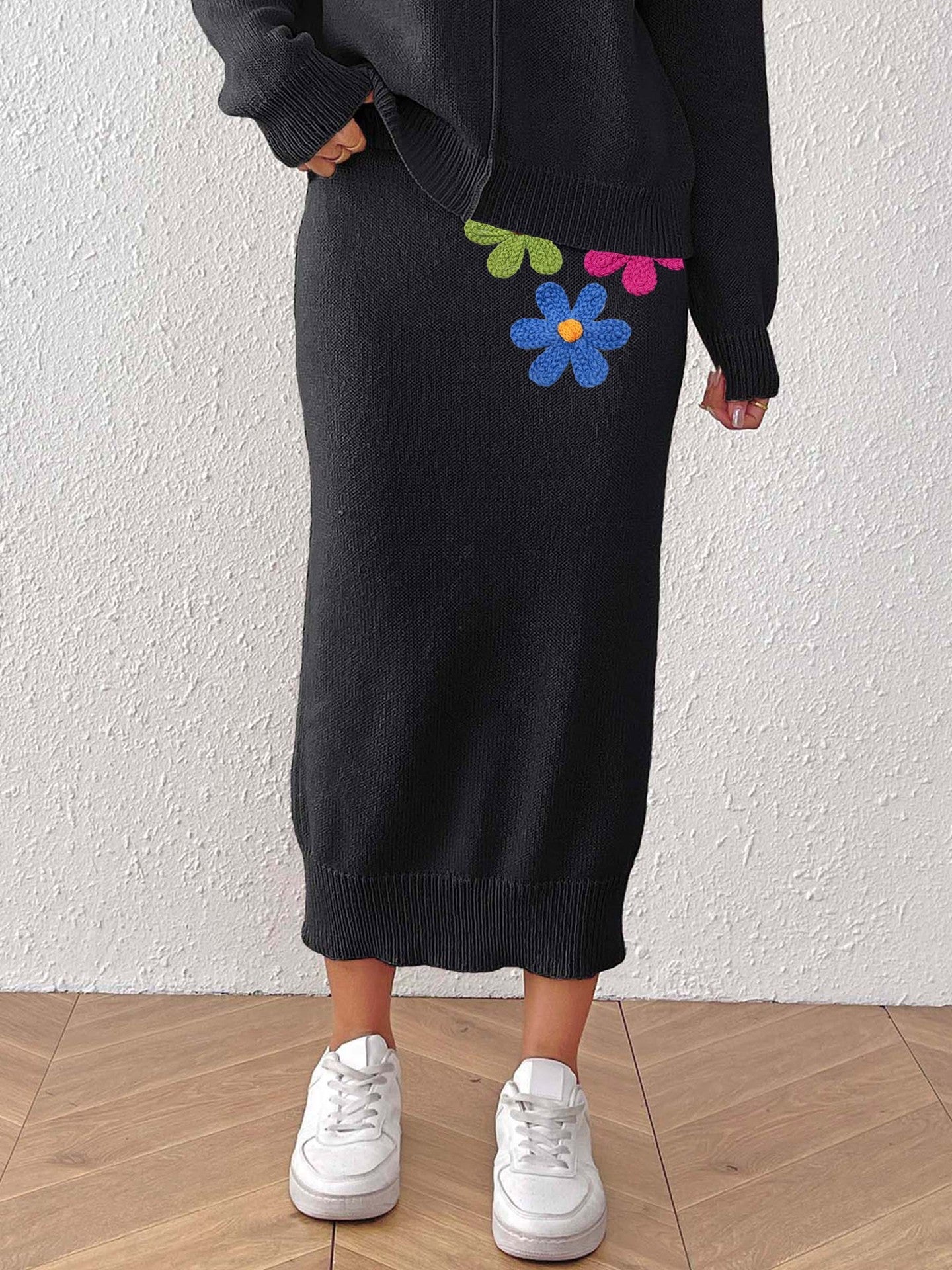 Women Clothing Mid Length Elegant Skirt Embroidered Floral Stitching Woolen Skirt