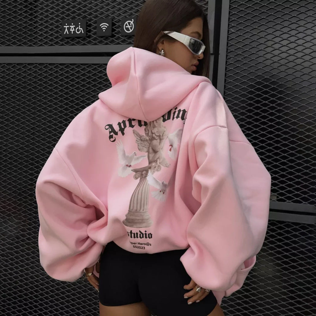 Loose Personality Trendy Sexy Casual Top Angel Print Hooded Zipper Sweatshirt for Women Spring Autumn