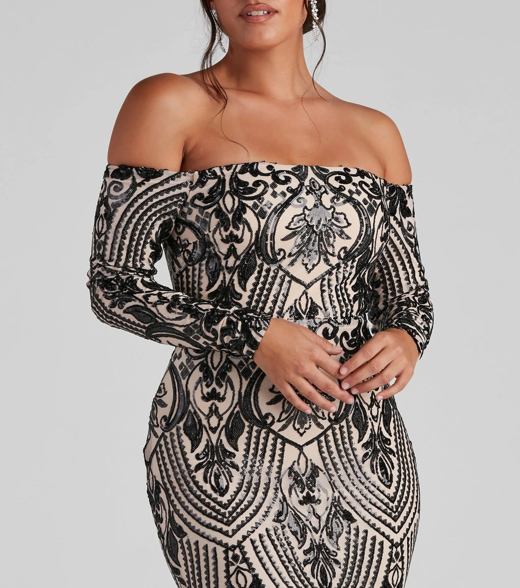 Women Elegant Sequ Sexy off Neck Dress Cocktail Evening Maxi Dress