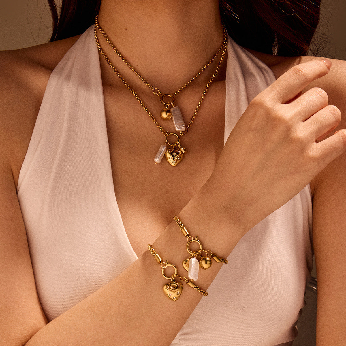 Necklace Bracelet Diamond Embedded Love Embellished Necklace Light Luxury Minority Advanced Stainless Steel Bracelet Women