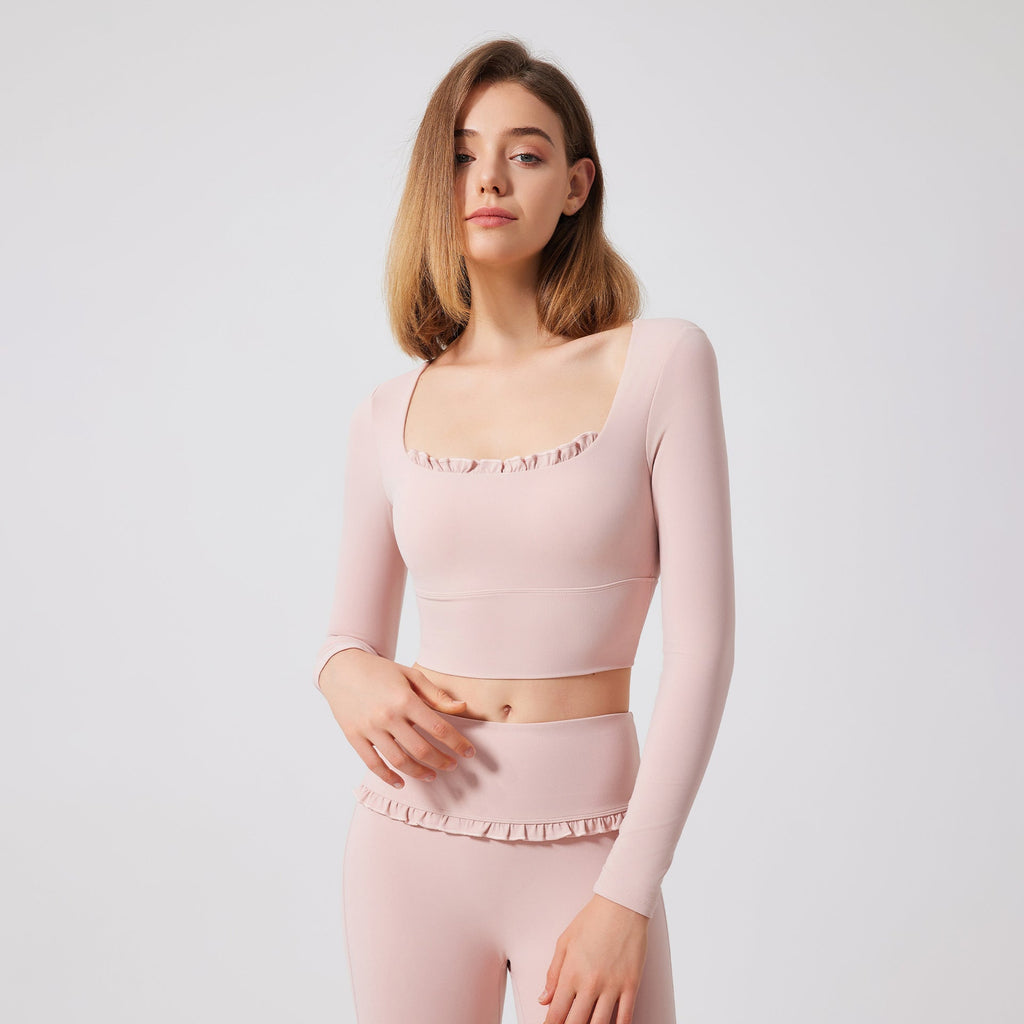 Autumn Winter Nude Feel Lace Yoga Clothes Long Sleeve Semi Fixed Cup Running Slim Sports Bra Breathable Workout Clothes Top