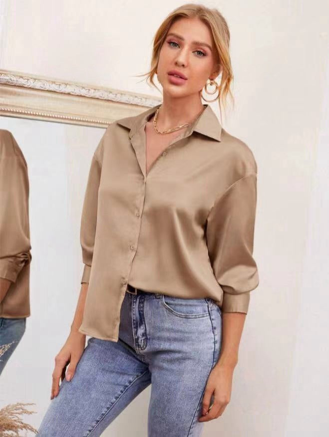Women Clothing Spring Summer Satin Comfort Casual Long Sleeved Shirt Women