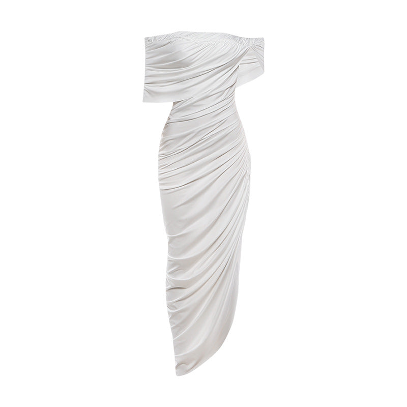 Spring Sexy Pleated off Neck Backless Irregular Asymmetric Solid Color Dress
