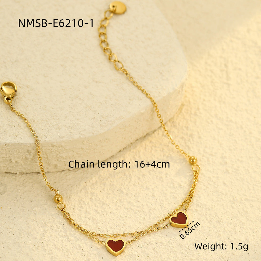 Golden Double Layer Peach Heart Twin Minority Bracelet Stainless Steel Heart Shaped Non Fading Ornament