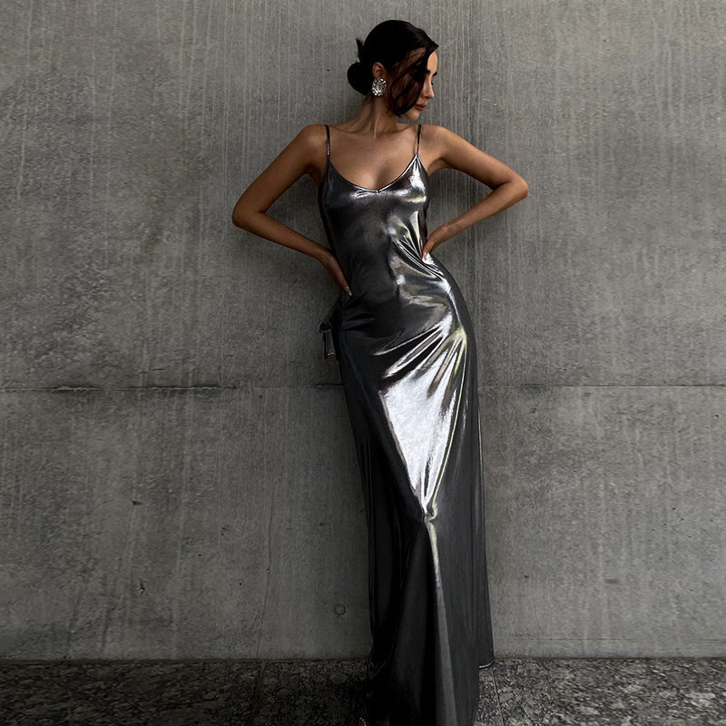 Autumn Metallic Sexy Sling A Swing Mid Length Women Dress Women Formal Dress