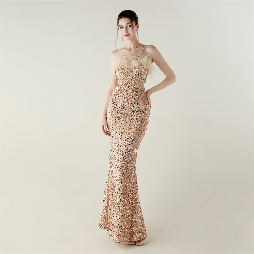 Velvet Bottom Sequin Craft Ostrich Feather Handmade Evening Dress Fishtail A Hemline High End Dinner Dress
