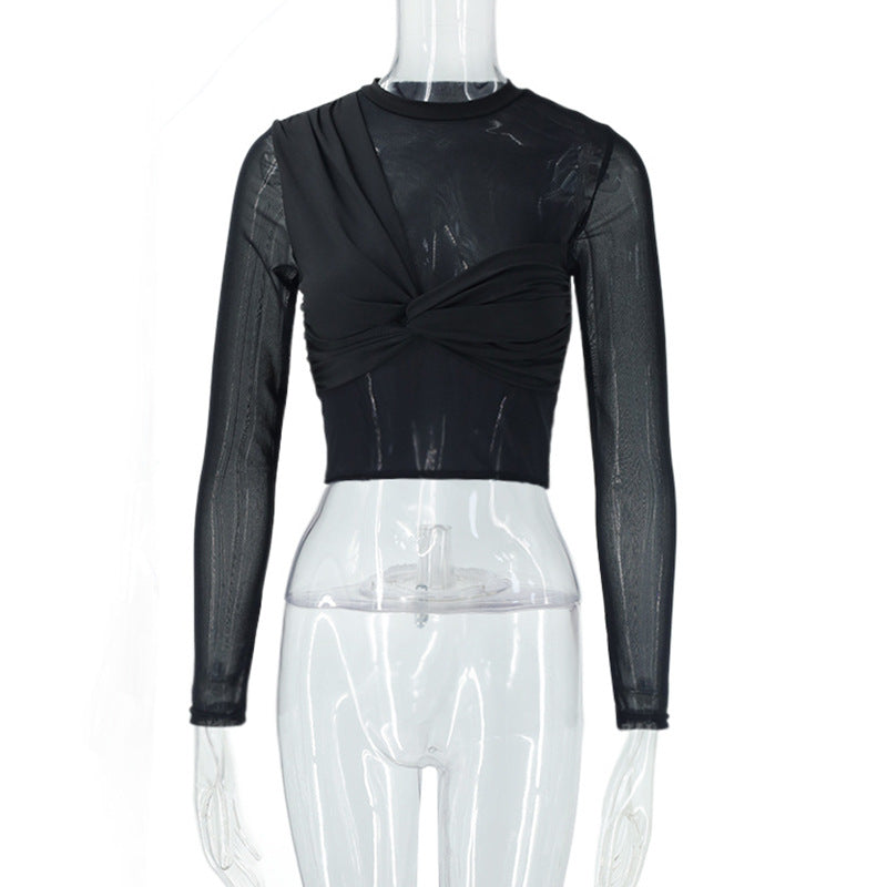 Women Clothing Sexy round Neck Sheer Mesh Long Sleeve Stitching Niche Girls Cropped Top