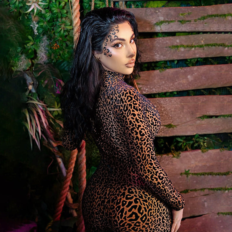 Summer Women Sexy Leopard Print High Waist Figure Flattering Sheath Long Sleeve Jumpsuit